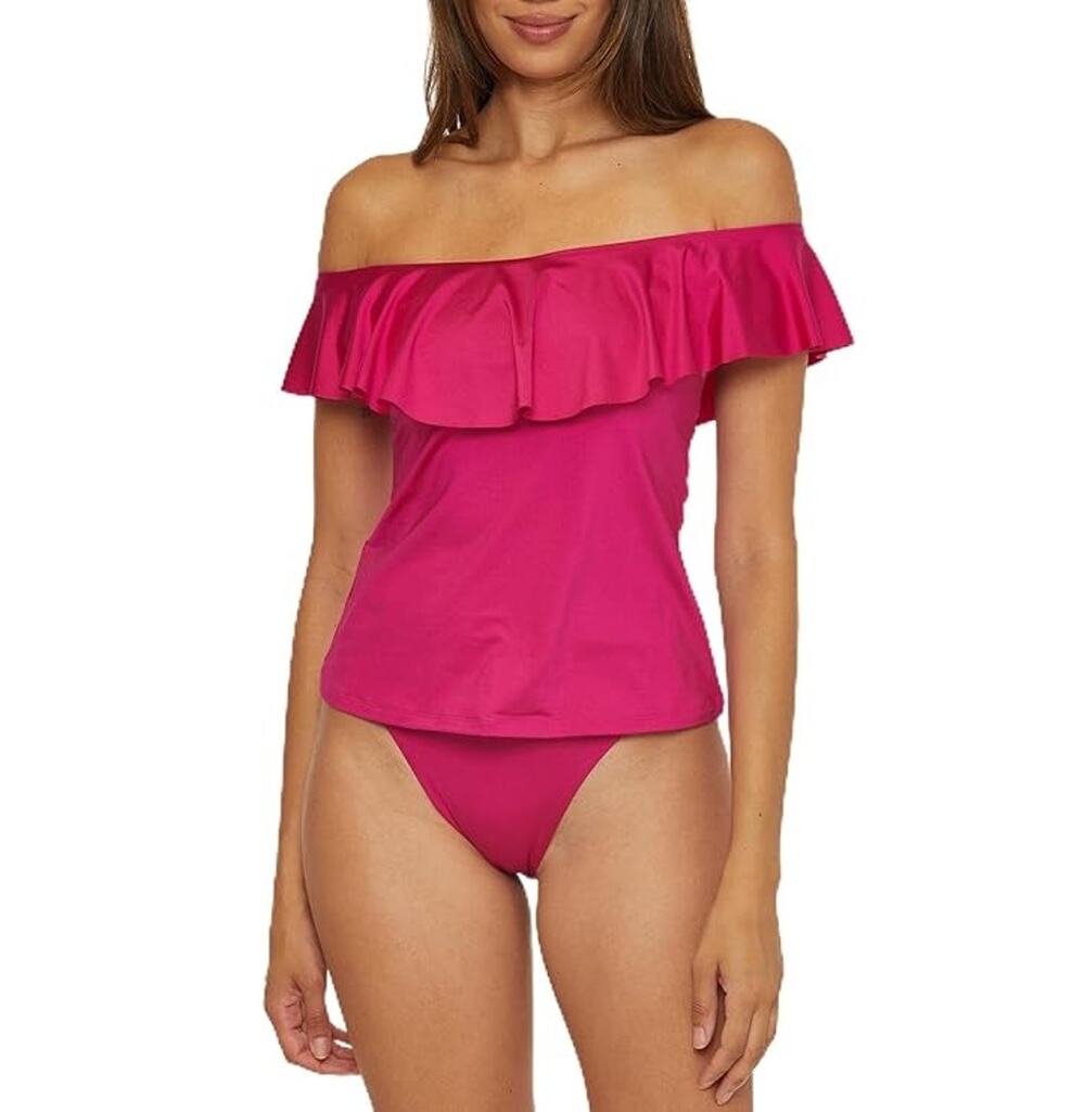 Trina Turk Women Sangria Monaco Off The Shoulder Ruffle Swim Tankini Top Size 8